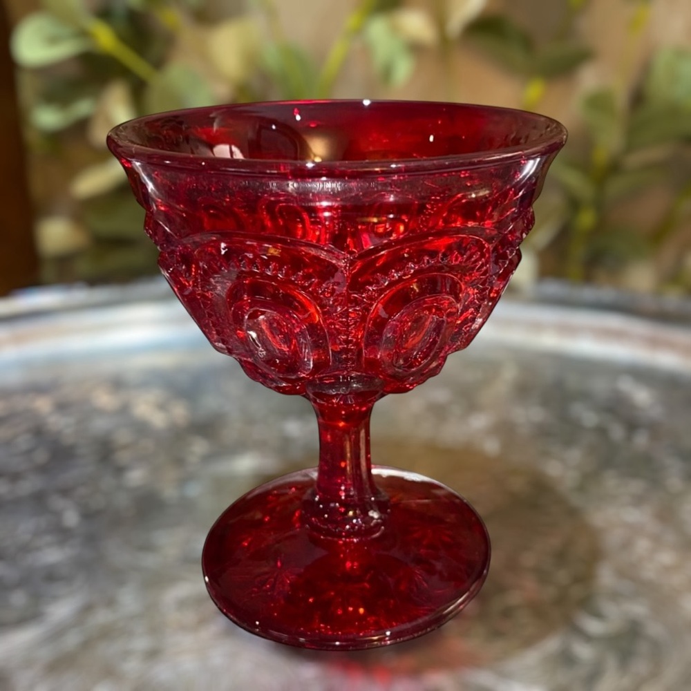 Vintage LE Smith Moon & Stars Ruby Red Sherbet Ice Cream Dessert Stem Glass